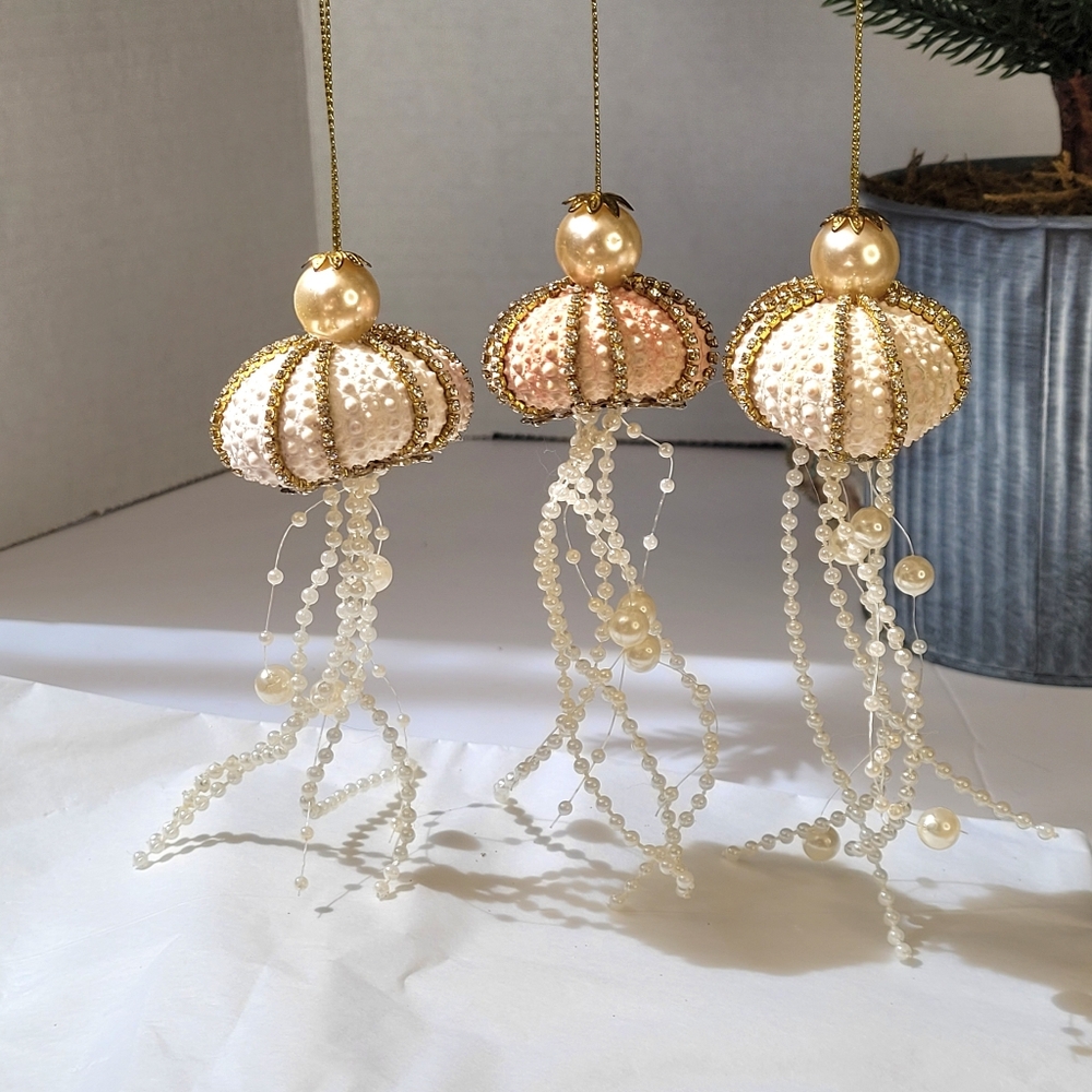 Handmade Pearl and Gold Jellyfish Set Of 3 Ornaments